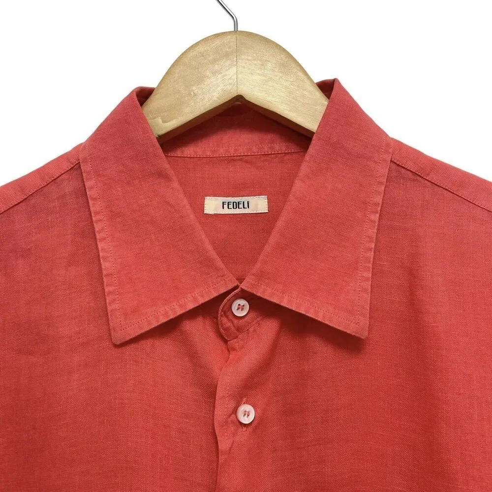 FEDELI Men’s Button Down Linen Shirt Long Sleeve Summer Shirt Coral Size 45 XL - Picture 5 of 11